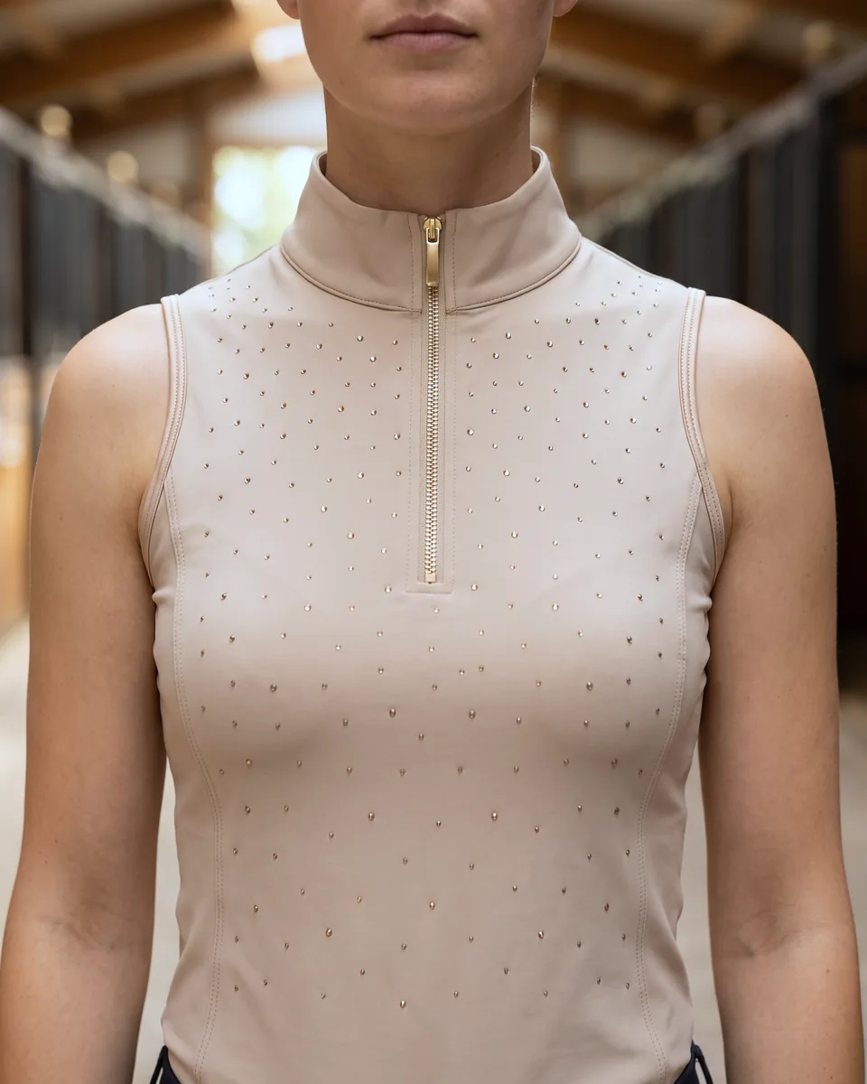 Ärmelloses Turniershirt in Beige mit Stehkragen, Reißverschluss-Leiste und Strass, getragen (KI-generierte Illustration nach unserem Muster)